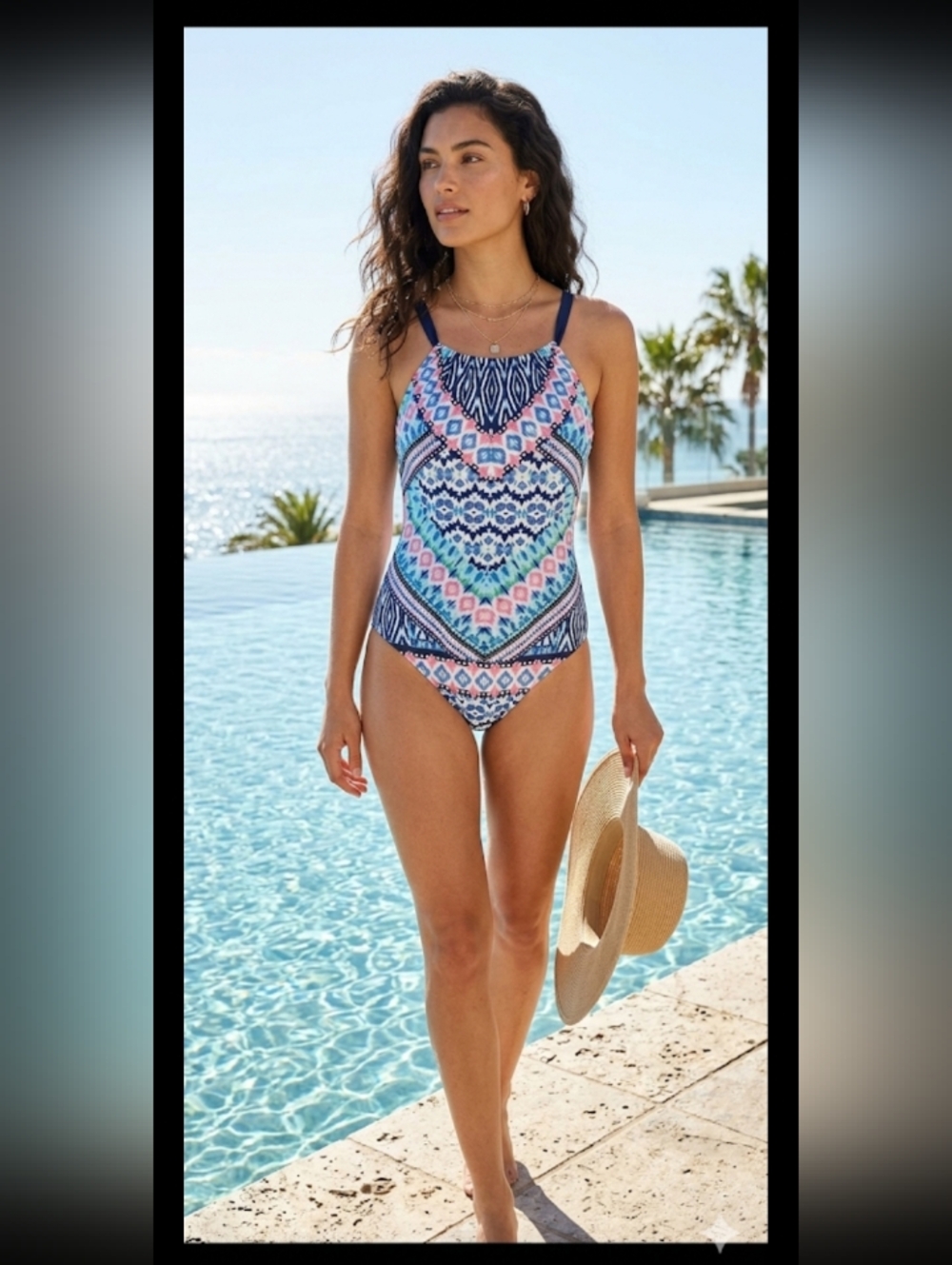 #74 - Christina One piece Boho Floral Print Pink Blue Teal Swim Suit 10D